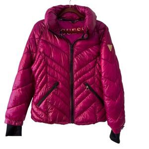 Guess quilted puffer jacket M magenta black trim high cozy neck